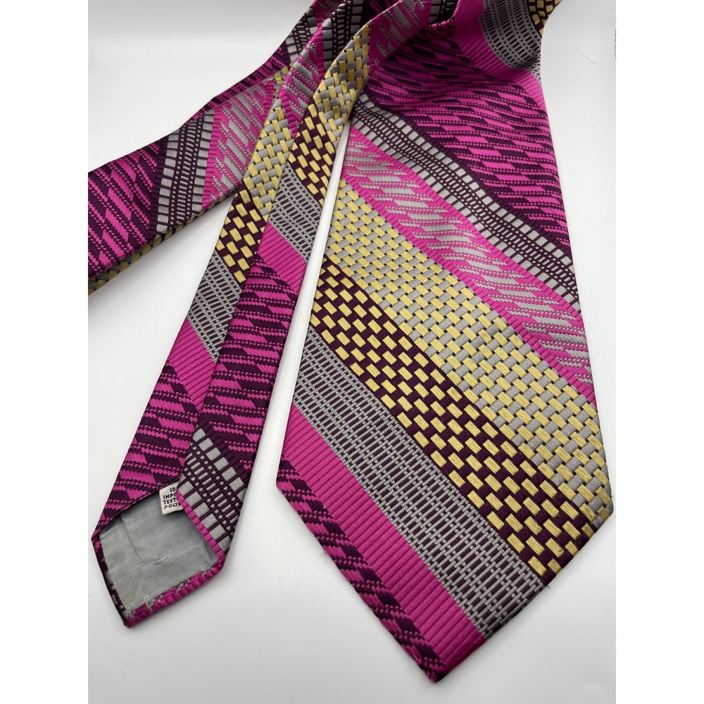 Vintage Pallini Mens Tie Magenta Purple Gold Geometric Striped 70s Retro Wide